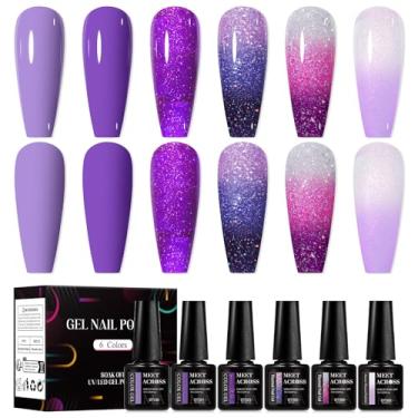Imagem de MEET ACROSS Conjunto de esmalte de gel roxo 6 cores Kit de esmalte de gel roxo com glitter de imersão UV LED arte de unhas manicure uva roxo gel térmico kit de unhas presentes para mulheres, faça você