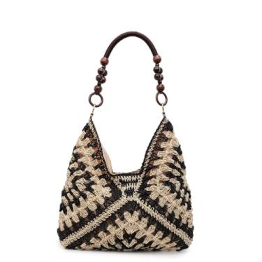 Imagem de OANEXX Bolsas Hobo de palha de verão para mulheres, boho, malha tecida, praia, bolsa de ombro para férias de crochê de grande capacidade, Preto