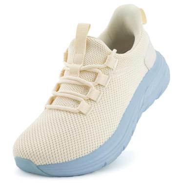 Imagem de KOLILI Tênis feminino de caminhada com amortecimento fácil de calçar e descalçar, Bege/damasco, 8 Wide