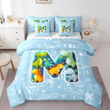 Imagem de Erosebridal Jogo de edredom solteiro de dinossauro 3D com 7 peças, letra M, animais da selva, para crianças e adultos, jogo de cama de dinossauro fofo