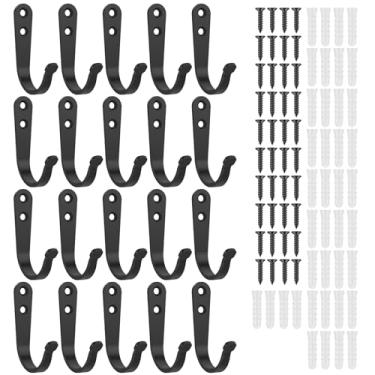 Imagem de 20 ganchos pretos montados na parede, suporte para casaco, ganchos de parede de metal, ganchos de mochila, gancho com 40 peças de pregos e tubo de expansão para pendurar chapéu, toalha, roupão, copo e