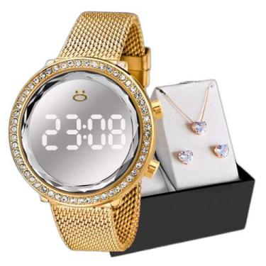 Imagem de Relogio Digital Aço Feminino + Caixa + Colar Brinco Strass - Orizom