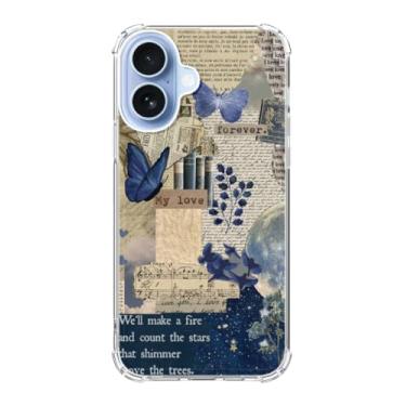 Imagem de Fisgerod Capa de telefone com imagem de borboleta azul para iPhone 17, capa de telefone vintage colagem de jornal, capa protetora de TPU macio moderno