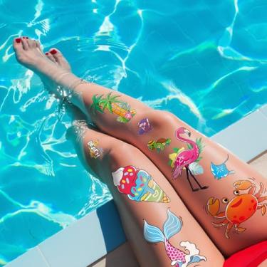 Imagem de Cerlaza Tatuagens temporárias de piscina de verão para adultos e crianças, tatuagens falsas de piscina havaiana grande, adesivos de tatuagem tropical para praia, oceano, decorações de festa de luau