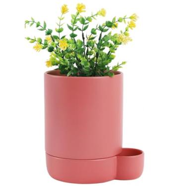 Imagem de TAMAYKIM Vasos de cerâmica de 14 cm com corda de algodão absorvente, plantador de flores moderno com pires para plantas de interior, suculentas, cactos e ervas, rosa (plantas não incluídas)