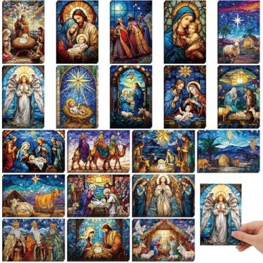 Imagem de Nuanchu 80 cartões de Natal religiosos de presépio vitral a granel 10 x 15 cm Cartões postais de Natal Cristãos Retrô Jesus Cartões de Natal para Amigos Parentes Festas de Férias, 20 Designs