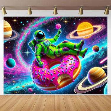 Imagem de BlissYard Astronauta Donut Space Art Black Light Tapeçaria Decoração 198 x 139 cm Fundo luminoso neon psicodélico UV luz negra tapeçaria sala de computador dormitório decoração de festa para pendurar