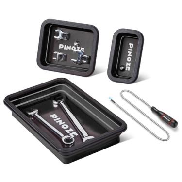 Imagem de PINOZE Bandejas organizadoras de peças magnéticas dobráveis e ferramenta de coleta magnética flexível de 30,5 cm, 3 bandejas de ferramentas magnéticas de tamanhos diferentes e vassoura para parafusos