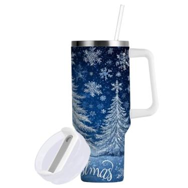 Imagem de Gredecor Copo de Natal com alça e tampa de canudo 1,134 g cristal prata azul brilhante flocos de neve árvore isolada garrafas de água de aço inoxidável caneca de viagem de inverno copos à prova de