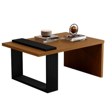 Imagem de Mesa de Centro Retangular para Sala com Pés Ripados Apoio Lateral Decoração Moderna (Nature/Preto)