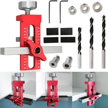 Imagem de Ferramenta de posicionamento de maçaneta de porta de armário 2 em 1 para instalação de armários, posicionador de instalação de dobradiça de liga de alumínio ajustável, 3 brocas, ferramentas de