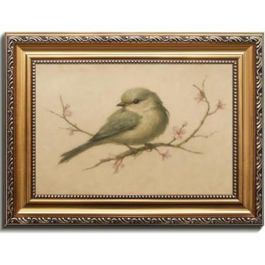Imagem de Kizbok Arte de parede emoldurada em ouro para decoração de casa, pintura a óleo vintage de pássaros de primavera, decoração de parede de fazenda impressões em tela de flor de cerejeira, decoração de