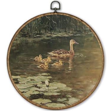 Imagem de TLESKE Decoração de parede redonda de pato vintage emoldurada 25 x 25 cm, arte de parede rústica em tela de fazenda, arte de parede, decoração de porta de quarto para quarto e cozinha