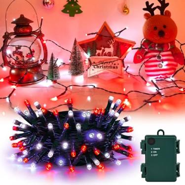 Imagem de cshare Luzes de Natal vermelhas e brancas operadas por bateria ao ar livre à prova d'água, luzes de corda de Natal com temporizador de 5 metros 50 LED decorações de Natal guirlanda festa jardim