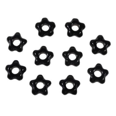 Imagem de Nupuyai Pacote com 10 contas pretas de obsidiana com orifício grande de flor oca para fabricação de joias de 5 mm, contas de macramê de pedra polida para pulseira de berloques