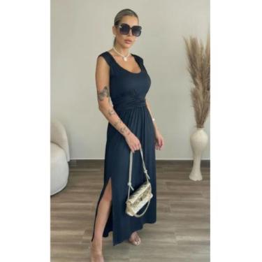 Imagem de Vestido Longo Franzido Acinturado Fenda na Perna - luh may, Preto, G
