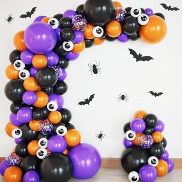 Imagem de Katchon, Kit de arco de balão de Halloween - Pacote com 143 | Decorações de festa de Halloween, balões de olho com teia de aranha, balões roxos laranja e pretos para artigos de aniversário, decoração