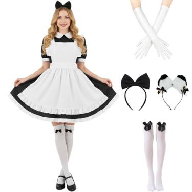 Imagem de Tvnxdgl Conjunto de meias femininas Alice fantasia do país das maravilhas anime Lolita vestido Halloween cosplay empregada avental luvas faixa de cabeça conjunto de meias, Preto, XXG