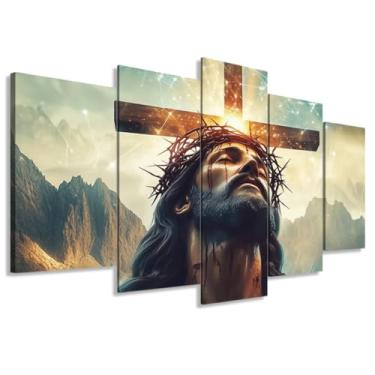 Imagem de ZXHYWYM 5 peças de arte de parede cristã Jesus Pictures conjunto de 5 para igreja de Cristo, sala de jantar, sala de estar, decoração de casa, pintura cruzada, impressão em tela, pôster de Deus