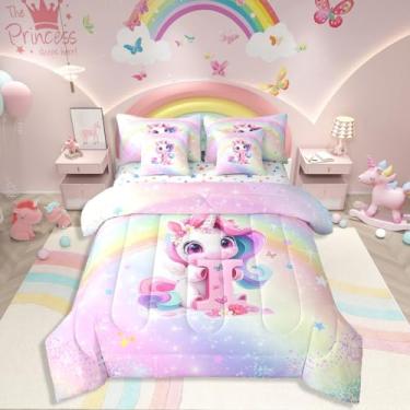 Imagem de Jogo de cama solteiro, 7 peças, para meninas, arco-íris, rosa, unicórnio, fofo, reversível, galáxia, estrelas, edredom com edredom com letra I, desenho animado de unicórnio, decoração de quarto
