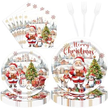 Imagem de Conjunto de 96 peças de utensílios de mesa de Natal – pratos descartáveis de Papai Noel, rena e pinguim, guardanapos e garfos suprimentos de festa para jantares de férias, festas de Natal e