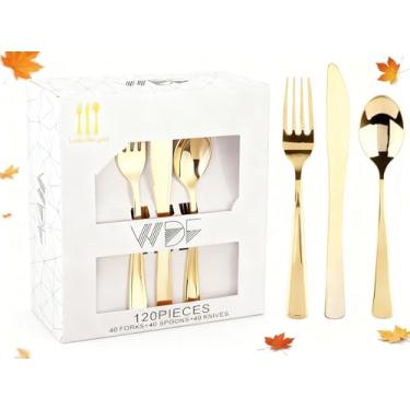 Imagem de WDF 120 peças de talheres de plástico dourado - conjunto de talheres descartáveis - talheres de plástico resistente de ação de graças - talheres incluem 40 garfos, 40 colheres e 40 facas