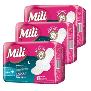 Imagem de Absorvente Fluxo Intenso Suave com Abas  Noturno MILI  24 Pacotes  de 8 Unidades      Total 192 un