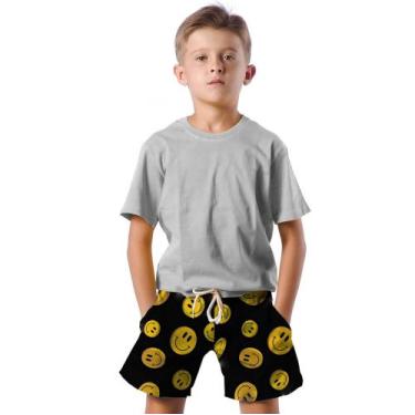 Imagem de Shorts Infantil Bermuda Calção Praia Verão Emoji Happy Feliz Amarelo 1