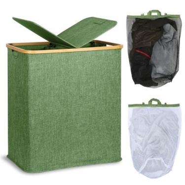 Imagem de Cesto de roupa suja efluky de seção dupla com tampa e alças de bambu