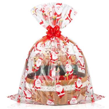 Imagem de RICEDUO 10 sacos de presente de celofane de Natal 61 x 76 cm - Cestas grandes de plástico transparente para presente de Natal com 10 laços de puxar - Tema de Papai Noel para presentes de Natal