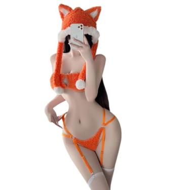 Imagem de SENJIY Roupa de gato sexy para mulheres, lingerie fofa de raposa, cosplay, babydoll, body de anime, encenação, frente única, orelhas de animal, chapéu, sutiã, vestido de Halloween com alças de liga