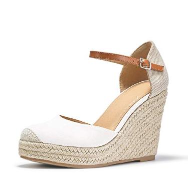Imagem de FISACE Sandália anabela feminina de verão com salto alpargata plataforma e fivela no tornozelo, 1 branco, 8