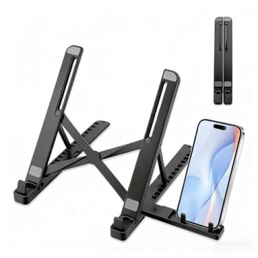 Imagem de Suporte de laptop para mesa, ABS ajustável e suporte dobrável de silicone com suporte de refrigeração ventilada para notebooks, tablets e computadores de 10 a 15,6 polegadas, preto