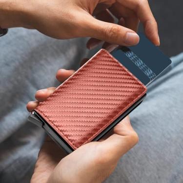 Imagem de Carteira masculina com suporte para cartão pop-up, carteira de poliuretano com bloqueio de RFID, design fino e minimalista com compartimento para dinheiro, bolso frontal para homens, comporta de 9 a