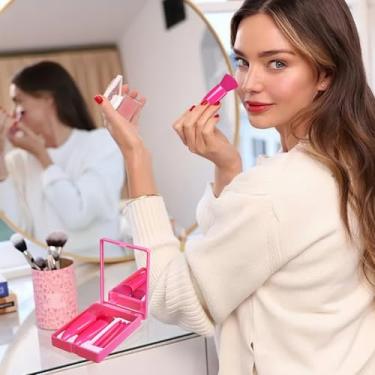 Imagem de Conjunto de pincéis de maquiagem para viagem com espelho, compacto, portátil, kit de 5 peças para bolsa, cosméticos externos para esposa e mãe (rosa vermelha)