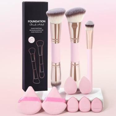 Imagem de Pincéis de maquiagem, 10 peças, conjunto de pincéis de maquiagem premium sintéticos de ponta dupla para base em pó, corretivos e kits de maquiagem, rosa