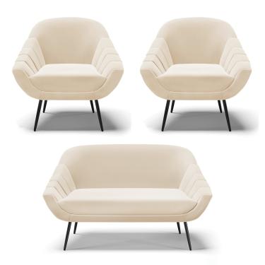 Imagem de Kit 01 Namoradeira 02 Lugares e 02 Poltronas Giovana Suede Bege Pés Palito De Ferro - D'Rossi