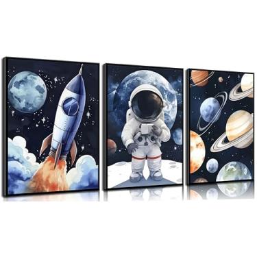 Imagem de 3 peças arte de parede astronauta berçário espaço aventura pôsteres impressões espaço moderno imagens temáticas pintura galáxia cósmica aventura lona decoração de parede para decoração de berçário sem