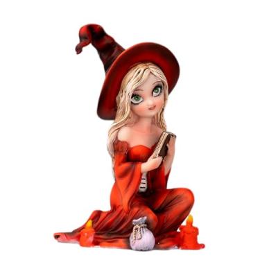 Imagem de Fipcnbs WingsHalloween Estátua de resina de bruxa - Ornamento de livro portátil (chapéu vermelho e vestido vermelho) Estante para sala de estar, tema mágico, decoração de casa, presente de aniversário