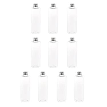 Imagem de barenx 10 frascos vazios transparentes de viagem com alumínio prateado, recipiente de armazenamento de líquidos, suporte de embalagem de amostras de maquiagem cosmética (250 ml)