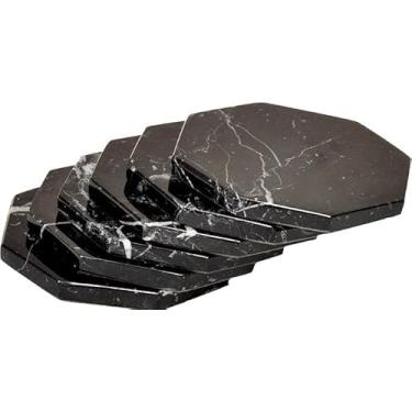 Imagem de SS ANTIQUITY&MARBLE Conjunto de 6 porta-copos de pedra de mármore preto octogonal polido – 9 cm de diâmetro – proteção contra anéis de bebida.