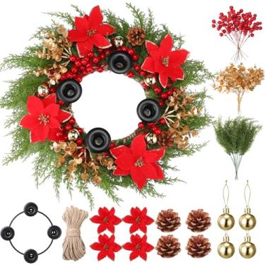 Imagem de Maysing Guirlanda do Advento de Natal, castiçal, baga vermelha, poinsétia, eucalipto, pinheiro, bolas douradas, decoração de mesa de porta para decoração de mesa de porta para igreja, árvore de Natal