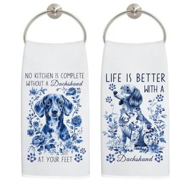 Imagem de LADOCK Chinoiserie Dachshund Toalhas de cozinha para cães, presentes de dachshund para mulheres, toalhas de mão decorativas, toalha de chá floral azul e branca para decoração de cozinha, 40,6 x 61 cm
