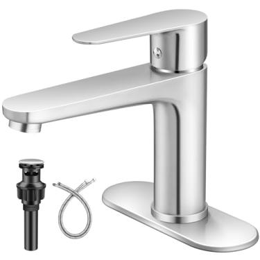 Imagem de YXOCVIR Torneira de banheiro de níquel escovado furo único alça única aço inoxidável 304 moderna pia comercial RV torneira com resíduos pop-up para pias de banheiro de 1 ou 3 furos 4 polegadas