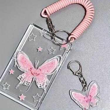 Imagem de 1 porta-cartão de identificação transparente Y2K retrô com design de borboleta e estrela - clipe de mola antiqueda de plástico durável para estudantes, escritório, uso diário (preto/rosa), acessório