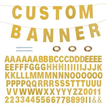 Imagem de 116 peças kit de banner DIY com letras personalizáveis glitter faça seu próprio banner personalizado com 111 letras e números, 3 fitas 2 agulhas para decoração de festa de aniversário de parede de