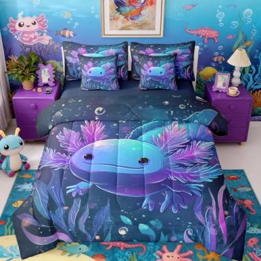 Imagem de Erosebridal Conjunto de edredom solteiro fofo com axolotl, 7 peças, kawaii, roxo, salamandra, réptil, animal, vida marinha para mulheres, homens, oceano, mar, erva daninha, vida selvagem