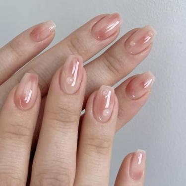 Imagem de Unhas postiças curtas curtas médias ombré rosa branco com pérola simples Desien cobertura completa cola acrílica falsa em unha para mulheres, 24 peças