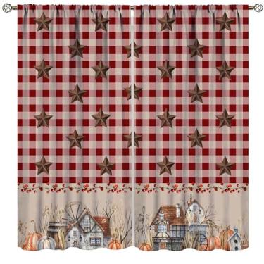 Imagem de Cortinas de fazenda vintage, estrela ocidental, xadrez, para quarto, sala de estar, cozinha, janela, tratamento de 2 painéis, tamanho total 107 cm L x 114 cm C