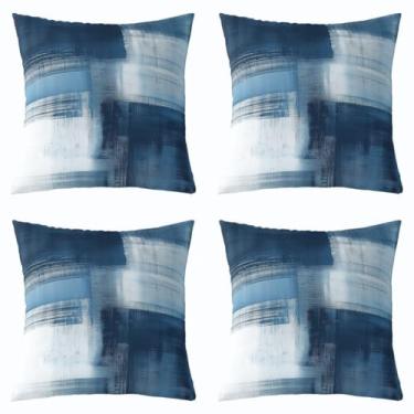Imagem de jejeloiu Conjunto de 4 capas de almofada de arte abstrata azul para crianças, meninos, meninas, arte moderna, 45,7 x 45,7 cm, decoração de pintura a óleo abstrata, fronha geométrica, decoração de